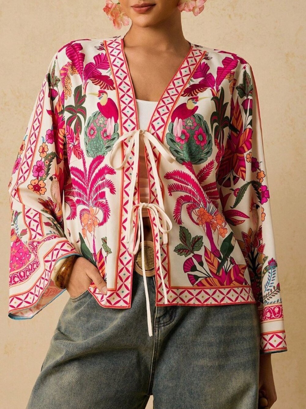 Hot Pink Boho Women's Print Tie Front Casual Plus Size Blouse - Picture 5 of 7